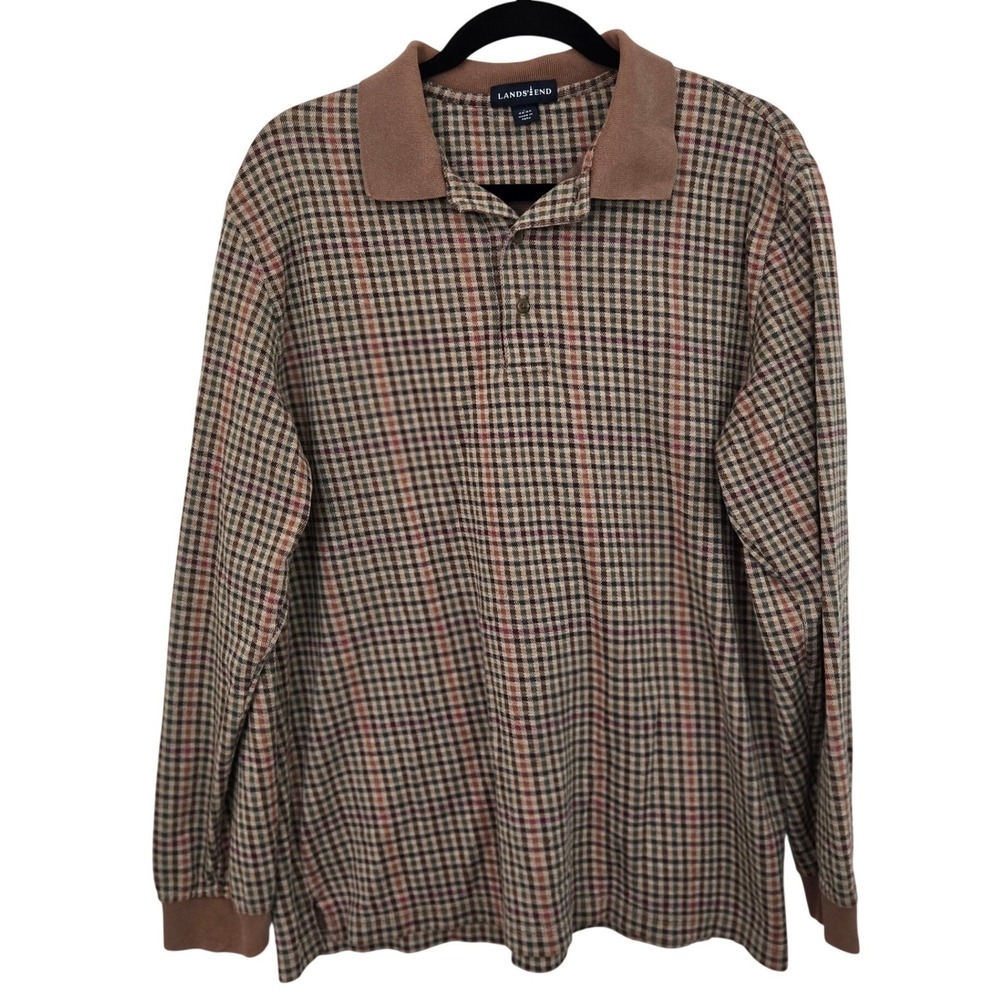 Vintage Lands End Polo Shirt Mens L Brown Plaid Long‎ Sleeve Micro Check 90s